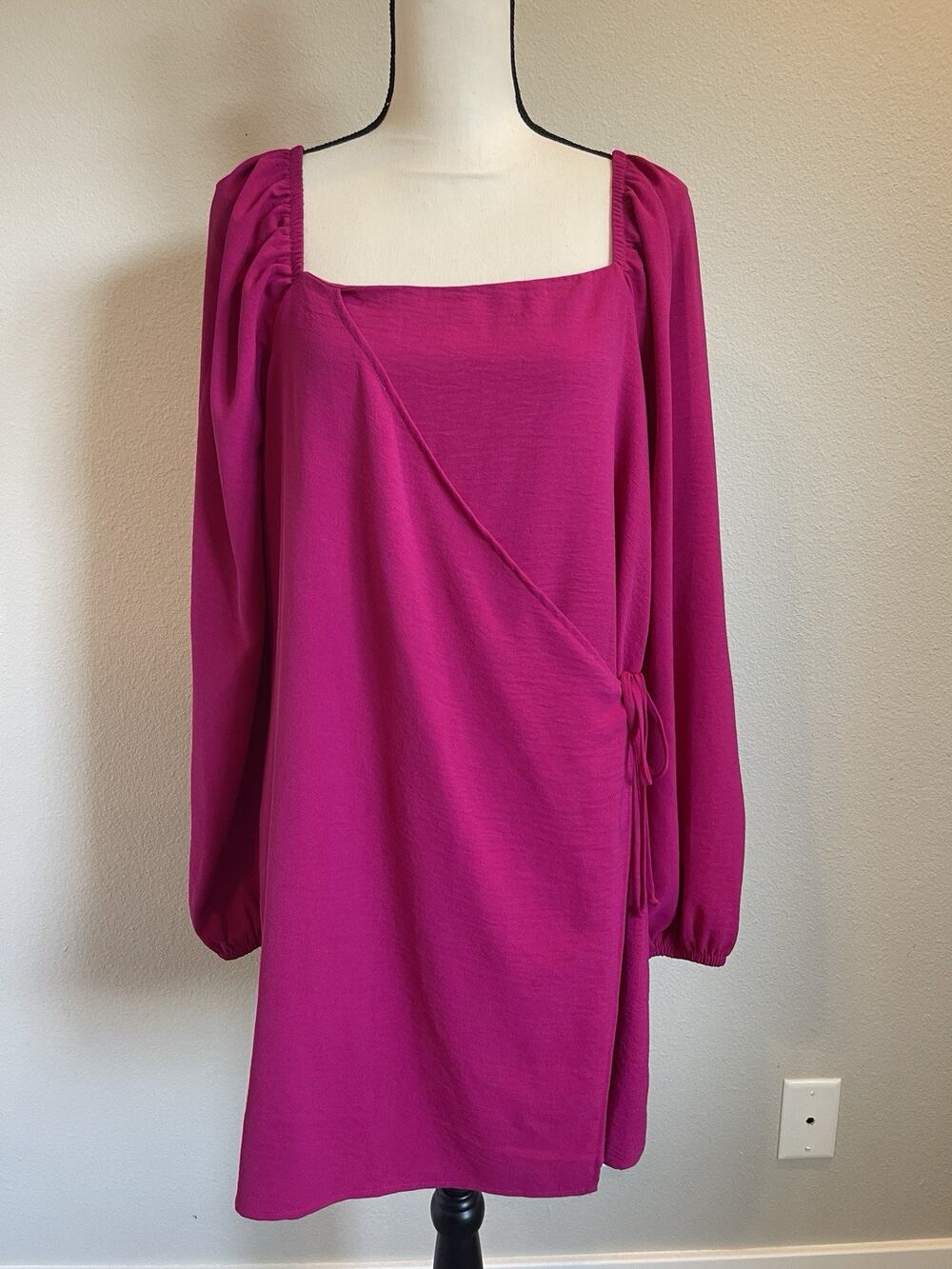 Lola Grace Women’s Hot Pink Long Sleeve Faux Wrap Sheeth Dress Size Large Lined